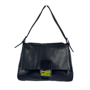 Fendi Vintage Black Leather Green Logo Mamma Shoulder Baguette Bag
